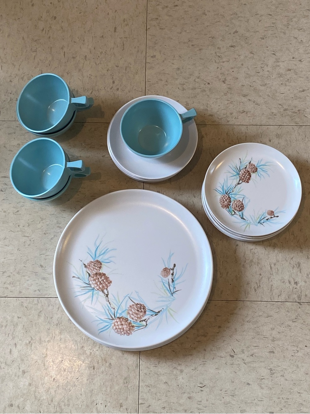 Stetson Melmac Pinecone Dinnerware - 12 plates (two sizes) & 5 cups and saucers